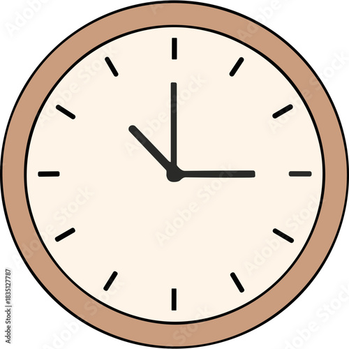Simple Round Wall Clock with Beige Face and Brown Bezel Showing Ten Oclock Position with Black Hour and Minute Hands against Black Background