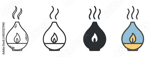 Aroma diffuser icon set with four different styles including line art, silhouette, and colored versions for aromatherapy, wellness, and relaxation concepts