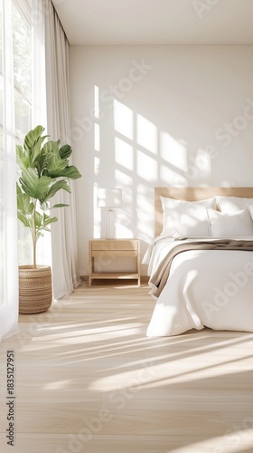 Minimalist bedroom with wooden furniture and sunlit green plant décor