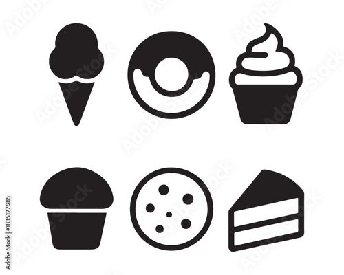 ice cream cone, bar,  a round donut with hole, a fluffy cupcake with frosting, a lollipop, a chocolate bar, and a candy wrapper, donut with subtle bite shape, cupcake with top icing, macaron pair, can