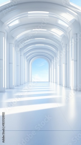 Futuristic bright white corridor with arch and skylight design