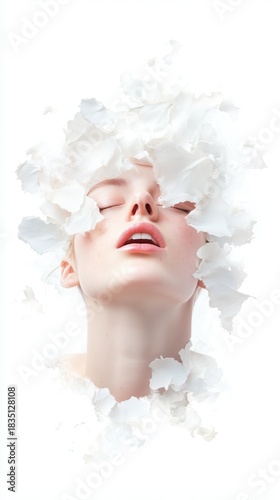 Caucasian female young surrounded by delicate white flower petals