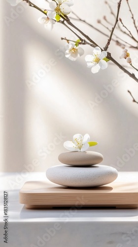 Zen garden pebbles and cherry blossoms in serene minimalist setting