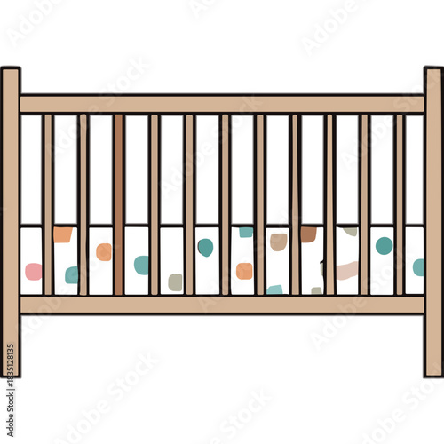 Simple Wooden Baby Crib with Colorful Dot Patterned Mattress and Railings Against a Black Background Simple Nursery Furniture for Infants and Toddlers