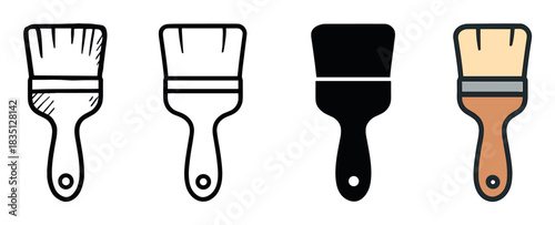 Four paintbrush tool icons presented in a collection of various design styles, from a simple black outline and solid silhouette to a detailed sketch and a full color version