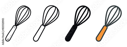 Set of four kitchen whisk icons showing different graphic styles including a hand-drawn doodle, simple line art, a solid silhouette, and a flat color version for culinary design