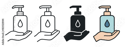 Hand sanitizer dispenser icons in a set of four different graphic styles, including a hand-drawn sketch, a simple outline, a black silhouette, and a colored version for hygiene