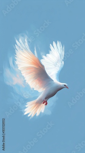 Majestic white dove soaring against a clear blue sky