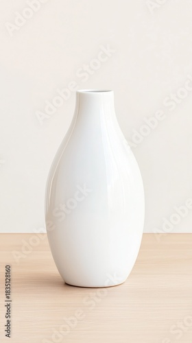 Elegant minimalist white ceramic vase on wooden surface