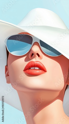 Stylish caucasian female with hat and sunglasses in summer fashion portrait