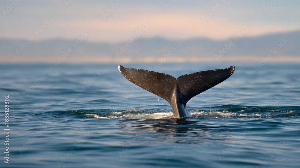Fototapeta premium A whale s tail fluke emerges from the blue ocean water at sunset
