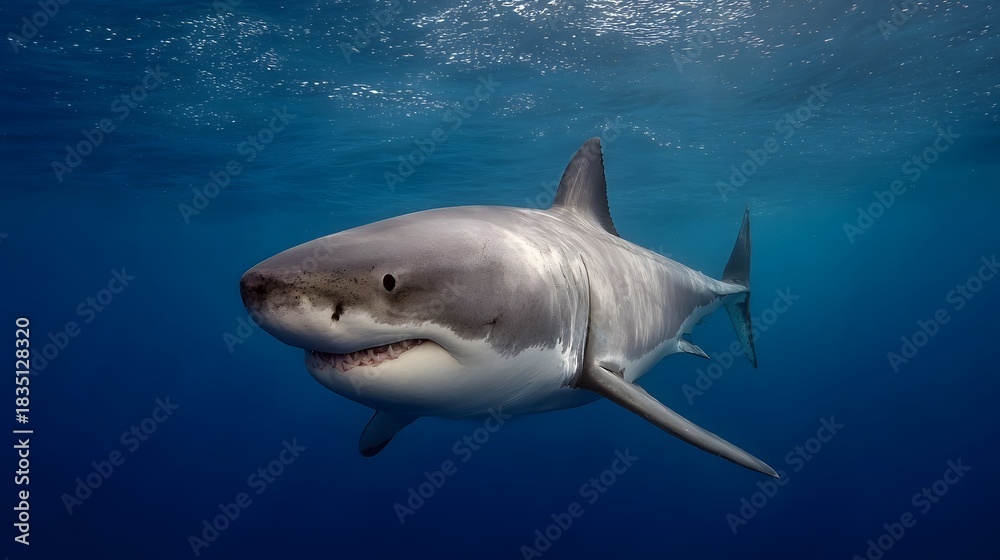 Fototapeta premium A majestic great white shark swims gracefully in the clear blue ocean water its sharp teeth visible