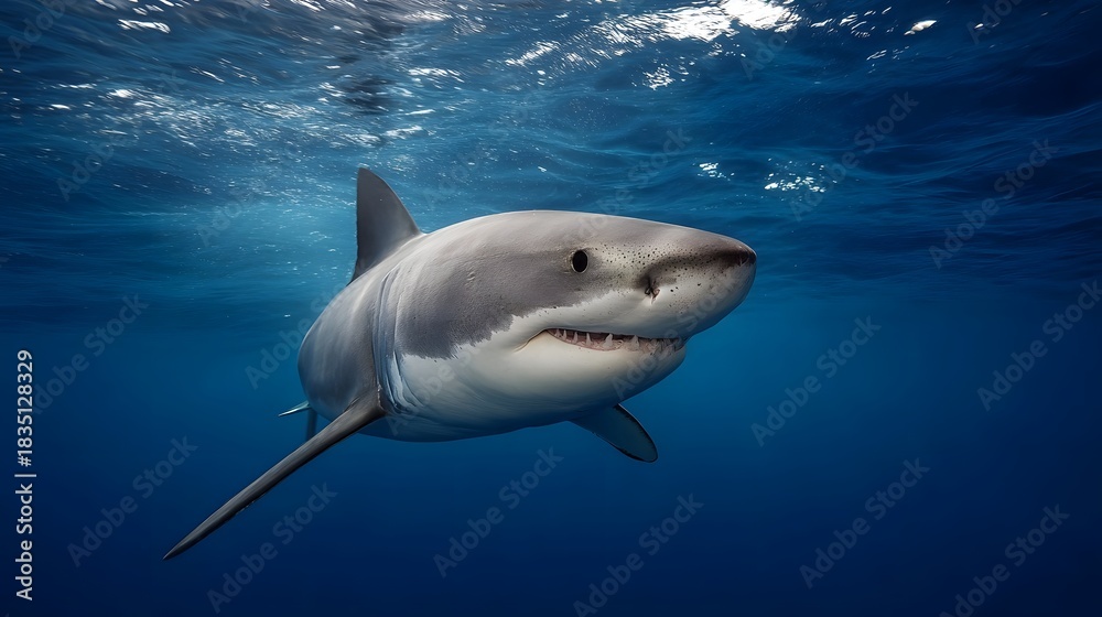 Naklejka premium A powerful great white shark glides through the deep blue ocean waters with its mouth slightly open