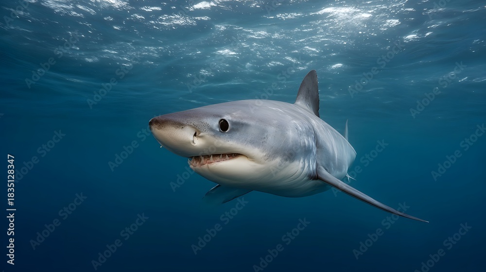 Naklejka premium Majestic Shark Swims Gracefully in Deep Blue Ocean Waters