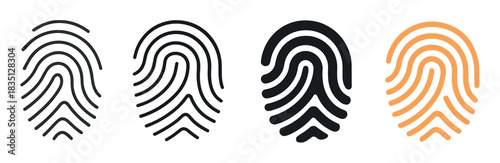 Four stylized fingerprint vector icons in a row, showing a collection of minimalist black and orange biometric symbols for identity verification and digital security concepts