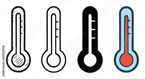 Set of four thermometer icons in various graphic styles including hand-drawn sketch, simple outline, solid black silhouette, and a full-color version for weather concepts