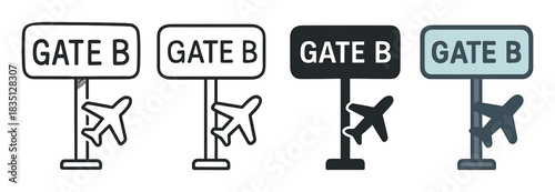 Airport gate sign icon set with airplane symbols in various styles including line art, glyph, and color for travel and transportation concepts