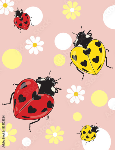 Ladybug and flowers Seamless Pattern vector illustration.