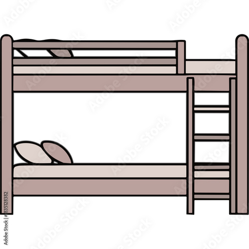Simple Wooden Bunk Bed with Two Mattresses and Pillows in Muted Beige and Brown Tones Isolated on a Black Background Clean and Minimalist Design for Dormitory or Kids Room