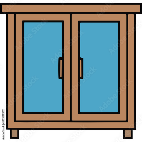 Simple Wooden Cabinet with Two Blue Glass Doors and Wooden Handles Against a Black Background Minimalist Illustration