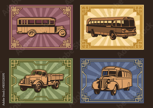 1930s - 1940s Cars, Bus, Truck. Retro Transport Poster Set. Art Deco Frames, Classic Autobus and Truck. Old Color Palette