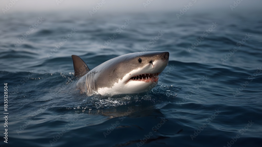Fototapeta premium A fierce great white shark with sharp teeth surfaces from the dark foggy ocean water