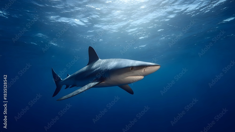 Fototapeta premium Majestic shark glides through clear blue ocean water illuminated by sunbeams filtering from above