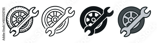 Set of four wheel repair icons with a wrench showing different styles like sketch, line art, silhouette, and colored versions for automotive service concepts
