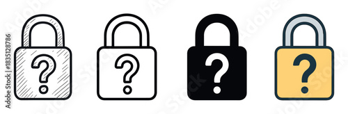 Padlock icons with question marks inside, a collection of four different vector styles including a hand-drawn doodle, simple line art, black silhouette, and a colored flat version