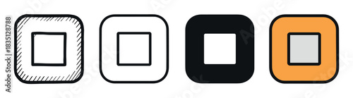 Set of stop button icons in four different design styles including hand-drawn sketch, simple outline, solid glyph, and flat color for user interface elements