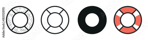 Set of four lifebuoy icons in different graphic styles including a hand-drawn sketch, a simple outline, a solid silhouette, and a colored flat design for safety concepts