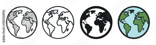 Set of four planet Earth illustrations in different artistic styles, including a hand-drawn sketch, a simple outline, a bold silhouette, and a flat color cartoon version