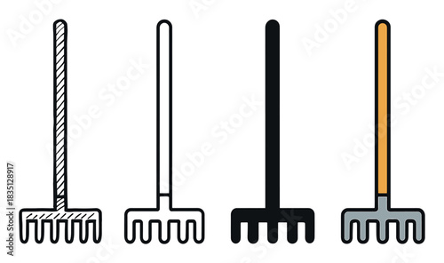 Four garden rake icons in different styles including doodle, outline, silhouette, and flat color, representing a versatile set of agricultural and yard work tools for graphic design