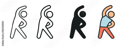 Set of four stretching person icons showing a side bend exercise in different graphic styles, including outline, silhouette, and color for fitness and wellness concepts