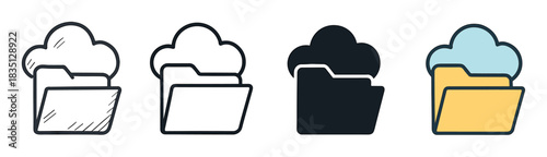 Cloud folder icon set in four different styles including sketch, line art, glyph, and flat color for web and mobile interface design