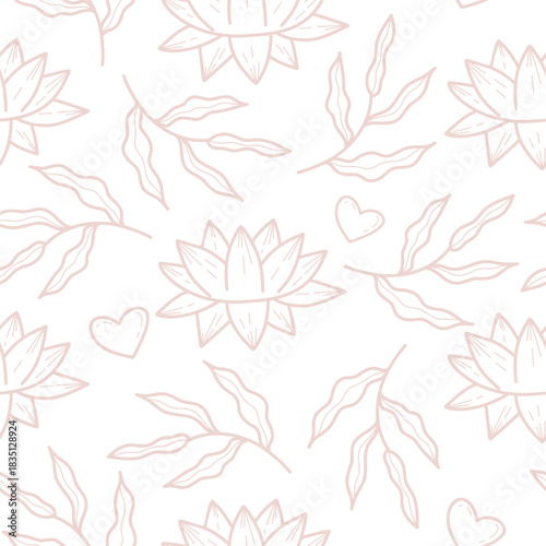 Floral Seamless Pattern With Lotus, Leaves And Hearts on White Background. Outline hand drawn Repeating Soft Pastel Design. Minimalist Aesthetic Ornament template. Vector Illustration