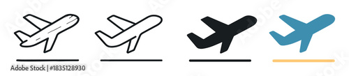 Airplane takeoff icon set with four distinct graphic design styles, including a hand-drawn sketch, a simple outline, a black silhouette, and a modern flat color version