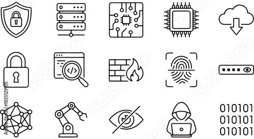 Cybersecurity and technology icons: data protection, hacking, hardware, networking, cloud. Vector