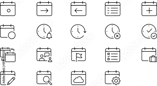Calendar and clock icons: schedule, time management, planning, events, and tasks Vector