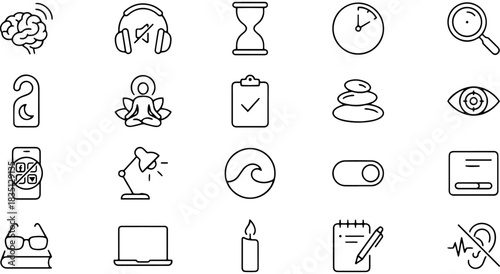Relaxation and productivity icons: brain, meditation, clock, sleep, focus, calm Vector