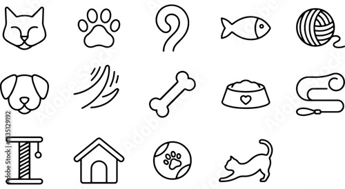 Pet care icons collection: cat, dog, paw print, bone, food bowl, yarn ball, leash Vector
