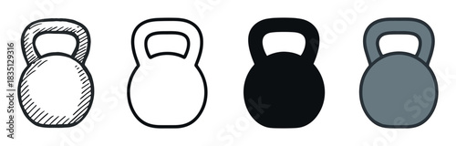 Set of four kettlebell icons in various styles including hand-drawn sketch, simple outline, solid silhouette, and flat color, illustrating a collection of graphic gym equipment elements