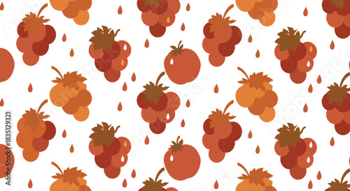Seamless pattern of stylized red grapes and tomatoes with small raindrops on a white background perfect for autumn harvest themes