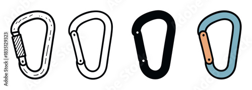 Set of four carabiner illustrations showing different styles including line art, black silhouette, and a simple colored version for climbing and outdoor activities concepts