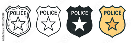 Police badge icon set in four different styles including doodle, line art, solid glyph, and colored flat design for law enforcement and security concepts