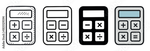 Collection of four calculator pictograms with basic arithmetic symbols, illustrated in diverse graphic styles like doodle, line art, silhouette, and flat color design