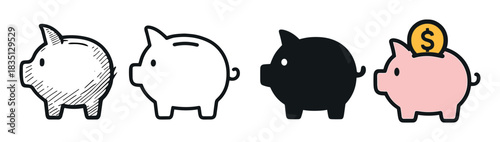 Set of four piggy bank icons in different artistic styles, including a hand-drawn sketch, simple outline, solid black silhouette, and a cute pink cartoon with a dollar coin