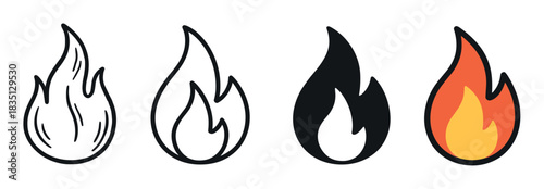 Four fire flame icons in various styles including line art, outline, silhouette, and color, representing heat, energy, and danger in a simple, flat, hand-drawn vector illustration