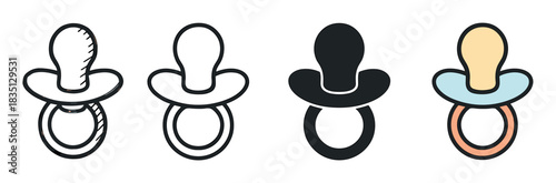 Set of four baby pacifier icons in different artistic styles, including hand-drawn sketch, simple outline, solid silhouette, and a flat color design for newborn care