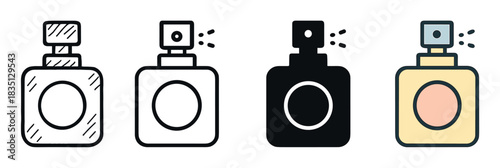 Set of four perfume bottle icons in various styles including line art, silhouette, and color, illustrating a cosmetic spray atomizer for fragrance and beauty concepts